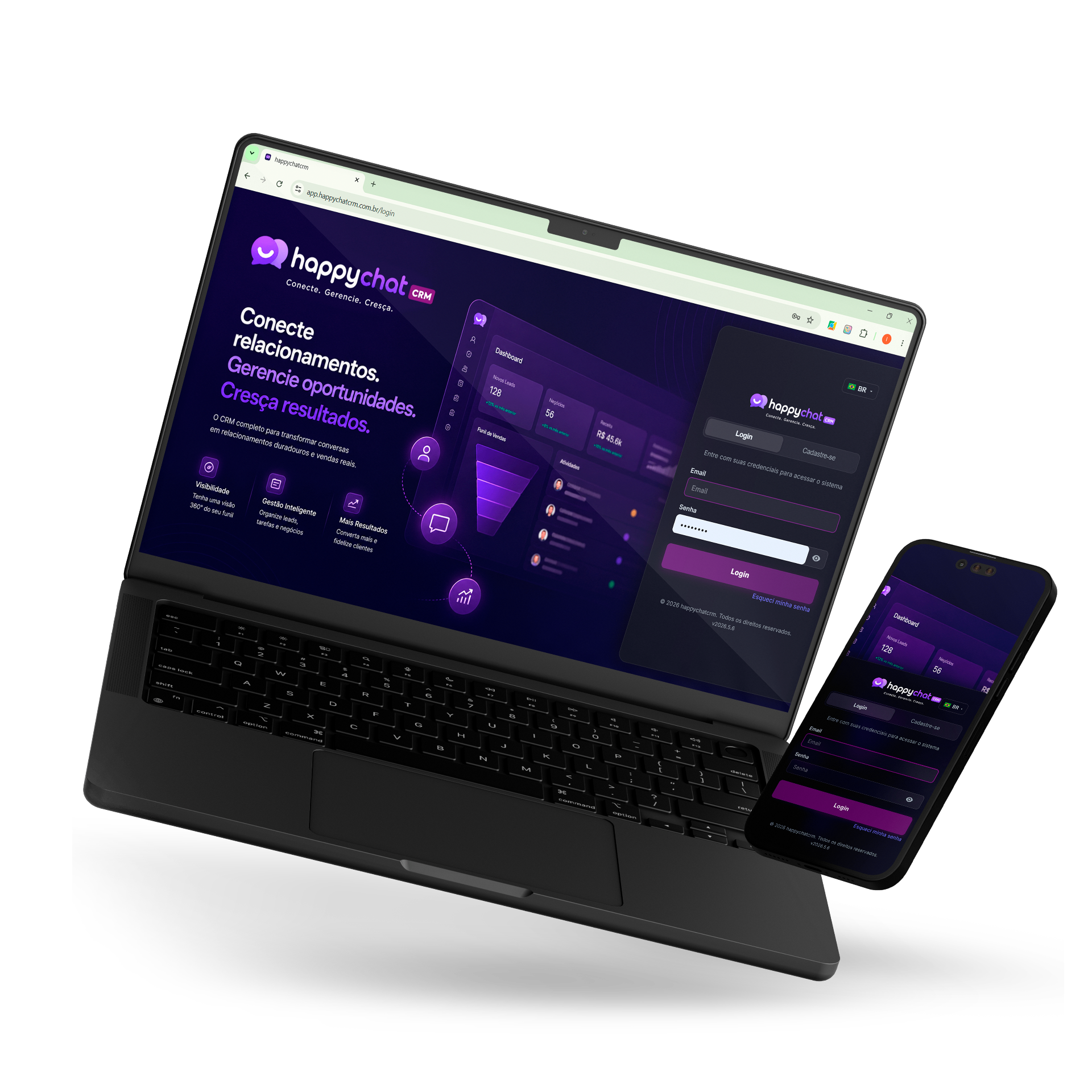Dashboard HappyChat CRM em notebook e celular